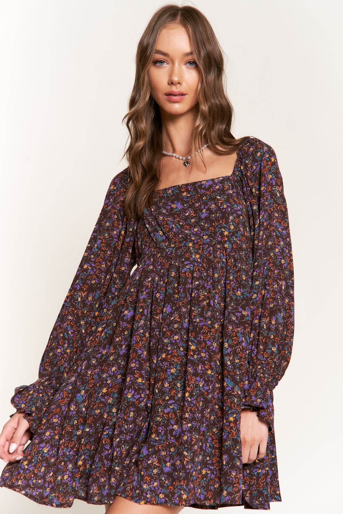 Dark Floral Long Sleeve Dress｜Square Neck Loose A-Line Mini Dress｜Lightweight Chiffon Autumn Outfit