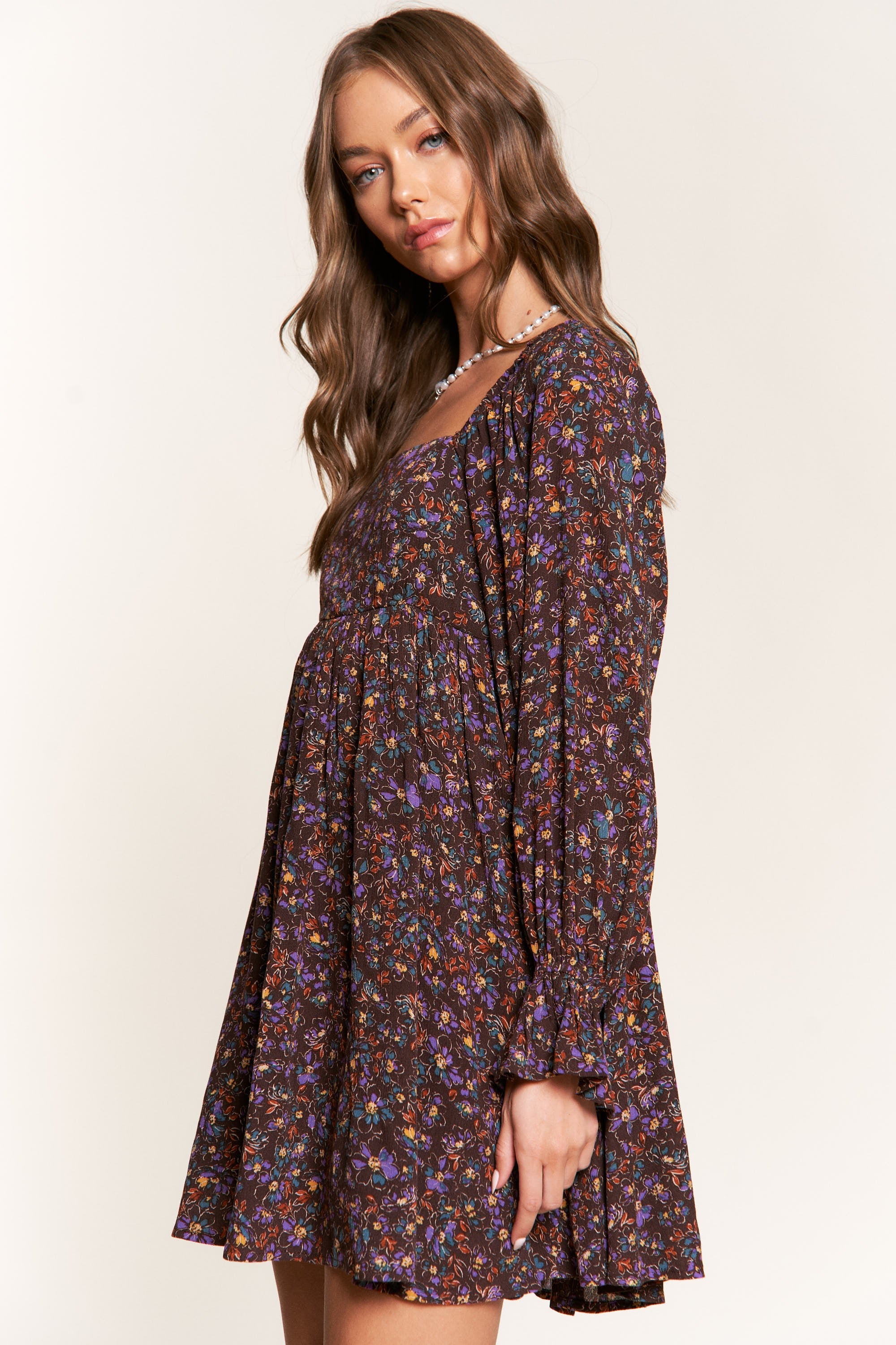 Dark Floral Long Sleeve Dress｜Square Neck Loose A-Line Mini Dress｜Lightweight Chiffon Autumn Outfit