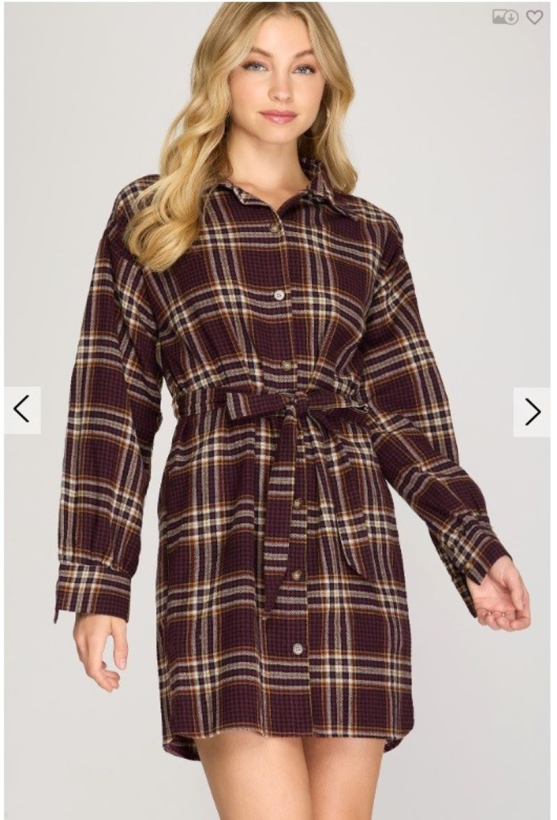 Brown Plaid Long Sleeve Shirt Dress｜Belted Waist Mini Dress｜Retro British Style Casual Dress