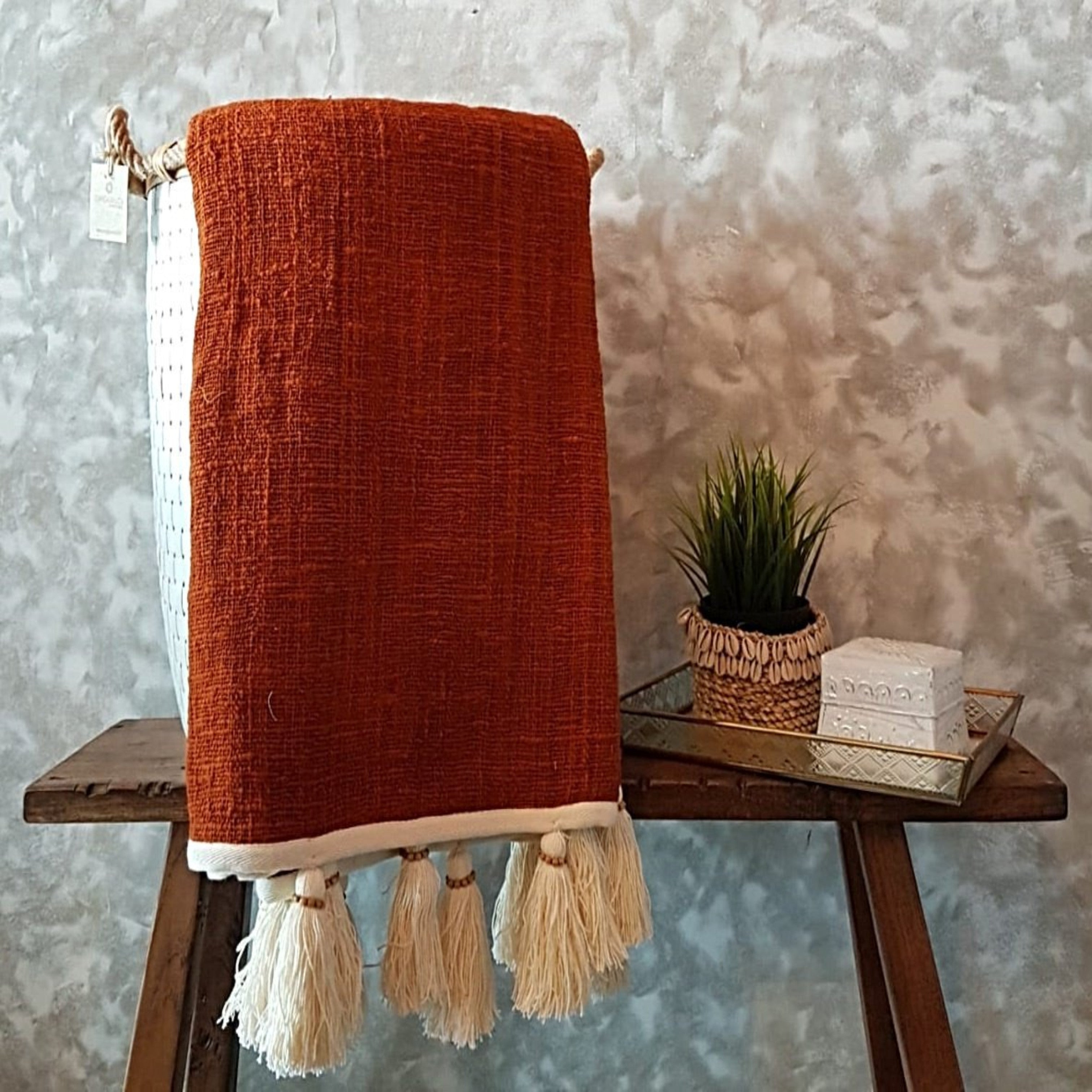 Brick Red Raw Cotton Throw with Natural Beaded Tassels | 127×210cm Soft & Cozy Cotton Blanket for Sofa & Bed