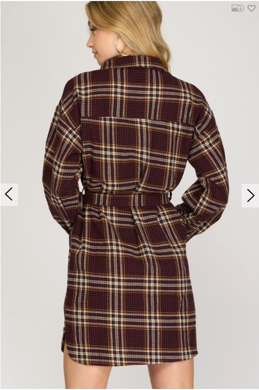 Brown Plaid Long Sleeve Shirt Dress｜Belted Waist Mini Dress｜Retro British Style Casual Dress