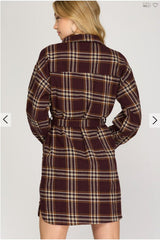 Brown Plaid Long Sleeve Shirt Dress｜Belted Waist Mini Dress｜Retro British Style Casual Dress