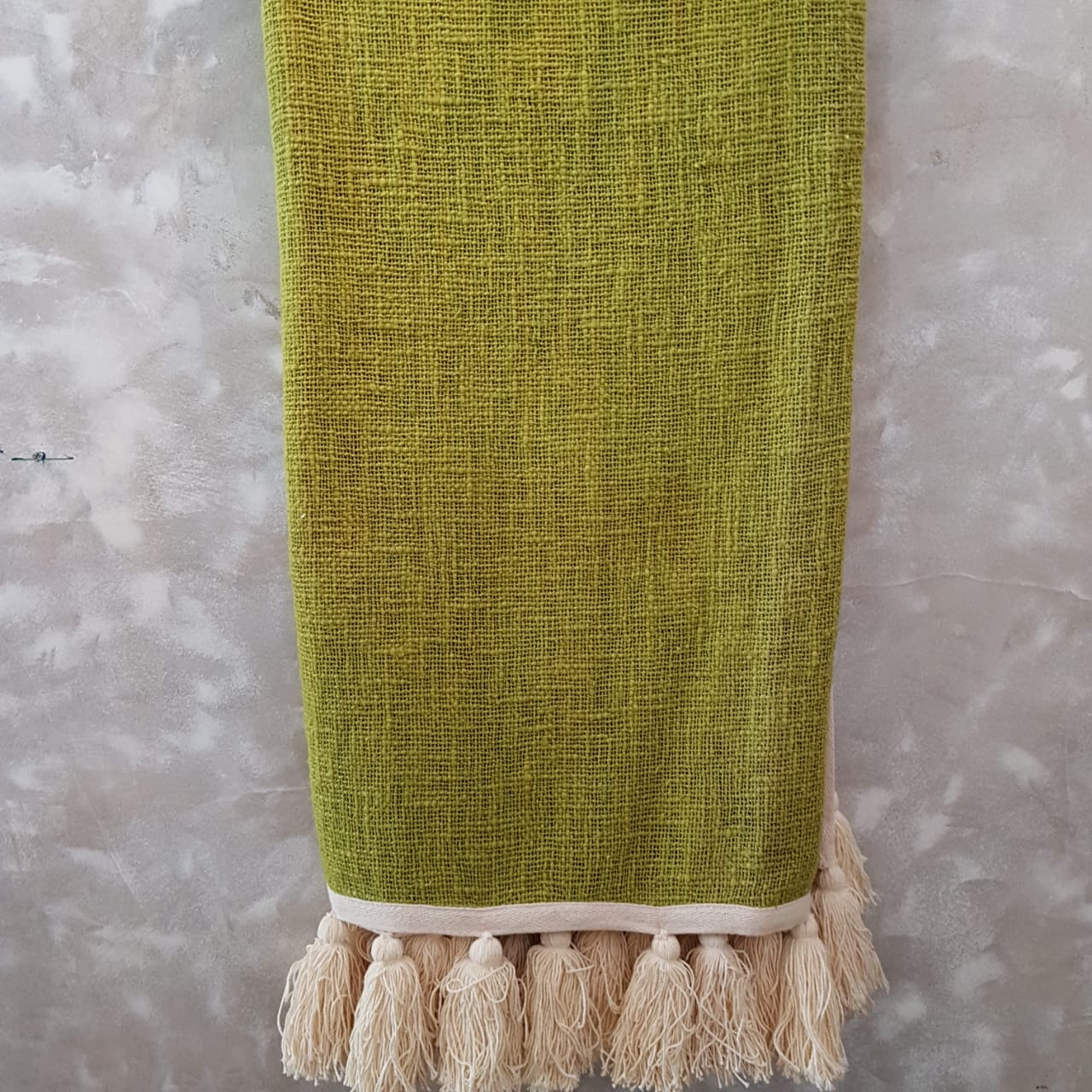 Lime Green Raw Cotton Throw with White Tassels | 140×200cm Soft & Breathable Cotton Blanket for Sofa & Bed