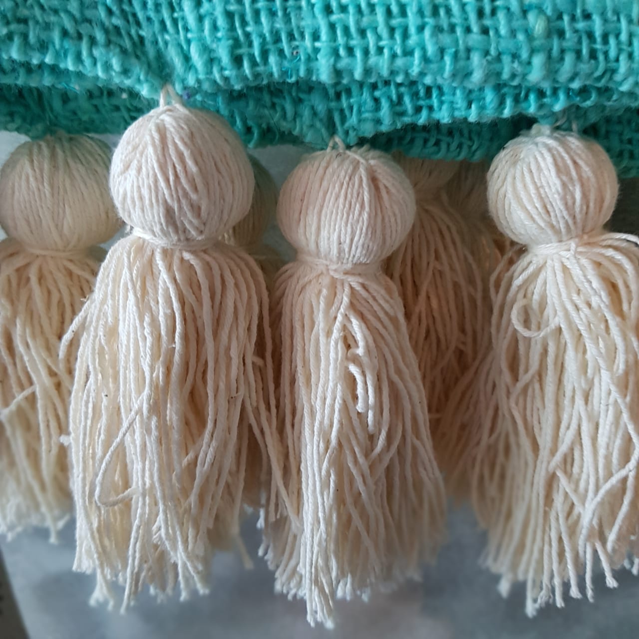 Light Blue Raw Cotton Throw with White Tassels | 125×195cm
