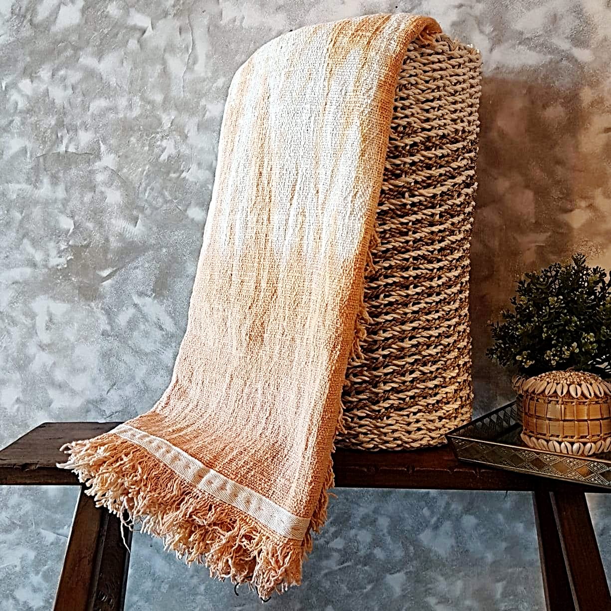 Orange & White Tie-Dye Raw Cotton Throw with Fringe | Soft & Breathable 145×200cm Cotton Blanket for Sofa, Bed & Travel