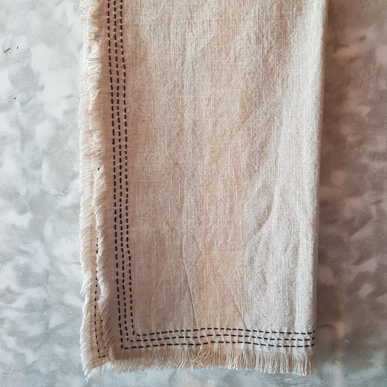 Natural Linen Throw with Black Stitching and Fringe | 145×220cm