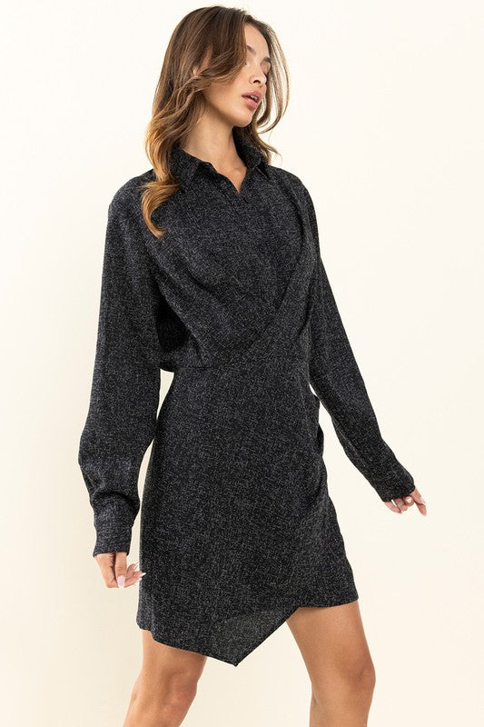 Black Long Sleeve Shirt Dress｜Elegant Slim Fit Waist Dress｜Chic Collared Mini Dress for Work or Casual Occasions