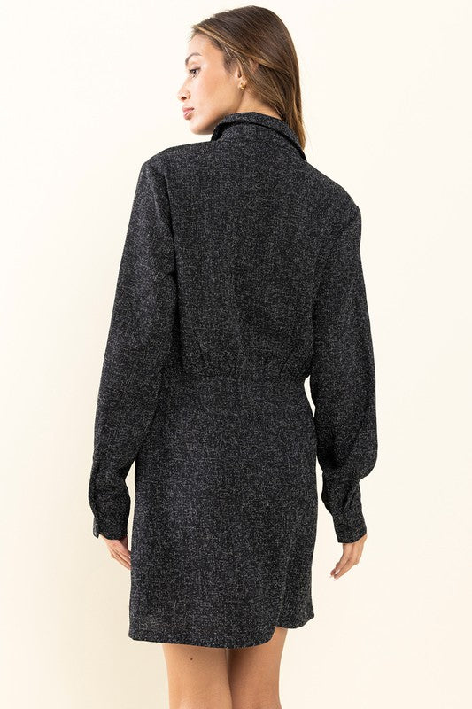 Black Long Sleeve Shirt Dress｜Elegant Slim Fit Waist Dress｜Chic Collared Mini Dress for Work or Casual Occasions