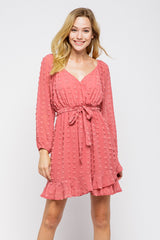 Coral Pink V-Neck Long Sleeve Dress｜Belted Waist Ruffle Hem Mini Dress｜Elegant and Playful Style