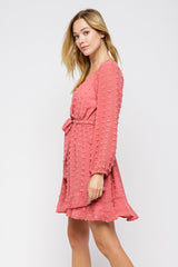 Coral Pink V-Neck Long Sleeve Dress｜Belted Waist Ruffle Hem Mini Dress｜Elegant and Playful Style