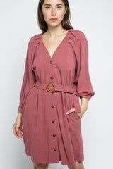 Vintage Red V-Neck Long Sleeve Dress｜Button Front Belted Mini Dress｜Elegant Casual Slim Fit Outfit