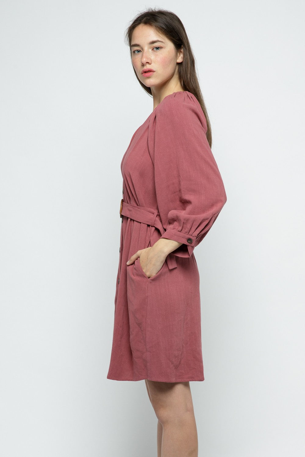 Vintage Red V-Neck Long Sleeve Dress｜Button Front Belted Mini Dress｜Elegant Casual Slim Fit Outfit