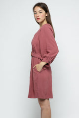 Vintage Red V-Neck Long Sleeve Dress｜Button Front Belted Mini Dress｜Elegant Casual Slim Fit Outfit