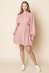 Light Pink High Neck Long Sleeve Dress｜Waist-Fitted A-Line Mini Dress｜Elegant and Minimalist Daily Outfit
