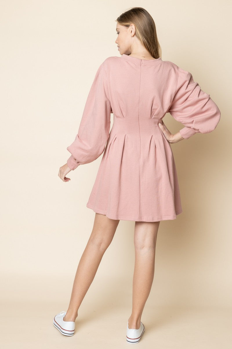 Light Pink High Neck Long Sleeve Dress｜Waist-Fitted A-Line Mini Dress｜Elegant and Minimalist Daily Outfit