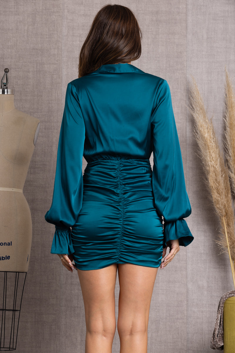 Peacock Blue Satin Shirt Dress｜V-Neck Long Sleeve Ruched Bodycon Mini Dress｜Elegant Glossy Party Dress