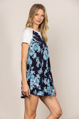 Blue Tie-Dye Layered Short Sleeve Dress｜Two-in-One T-Shirt Overlay Mini Dress｜Casual Summer Loose Fit Dress