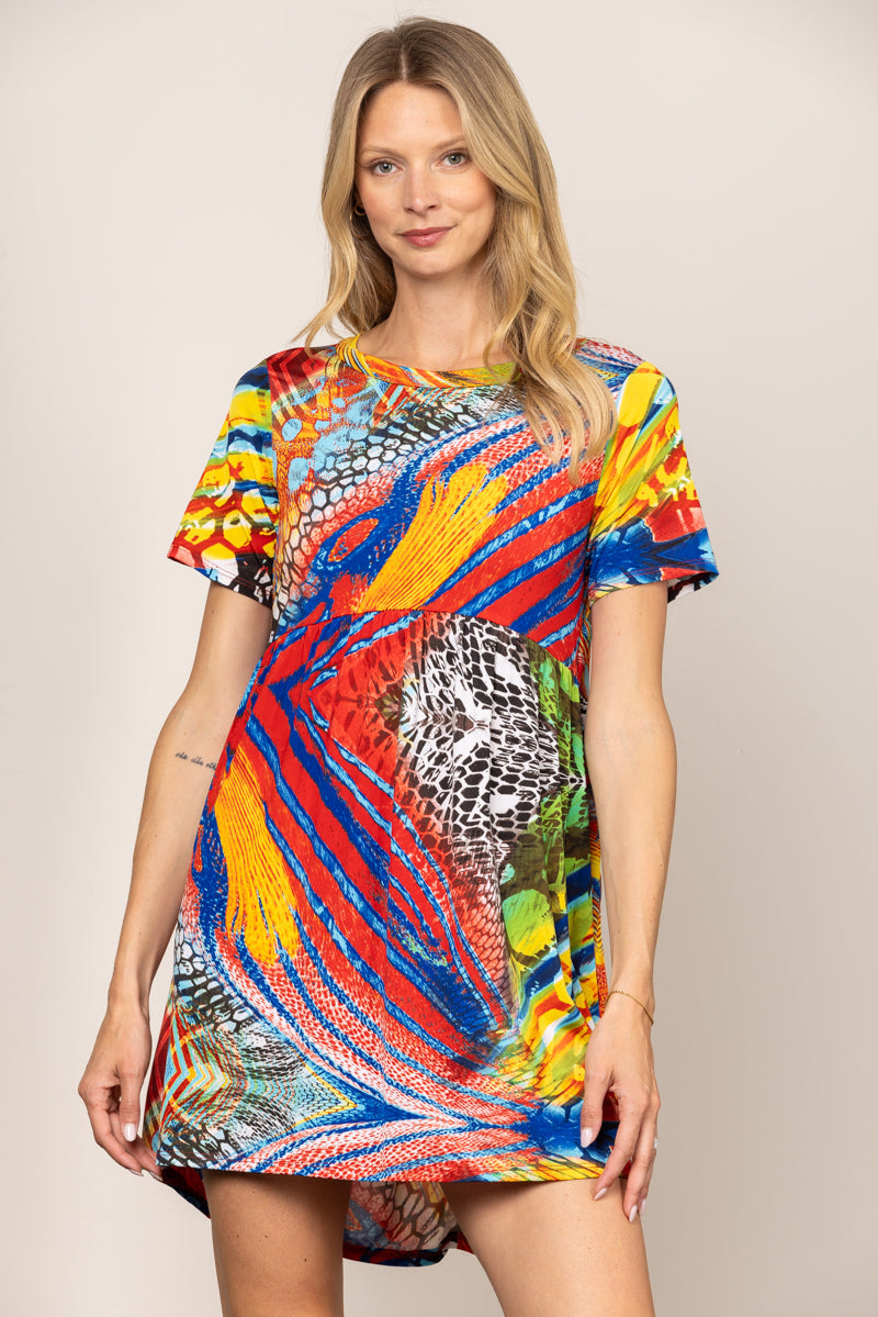 Colorful Abstract Print Short Sleeve Dress｜Round Neck Loose Summer Dress｜Lightweight Artistic Casual Mini Dress