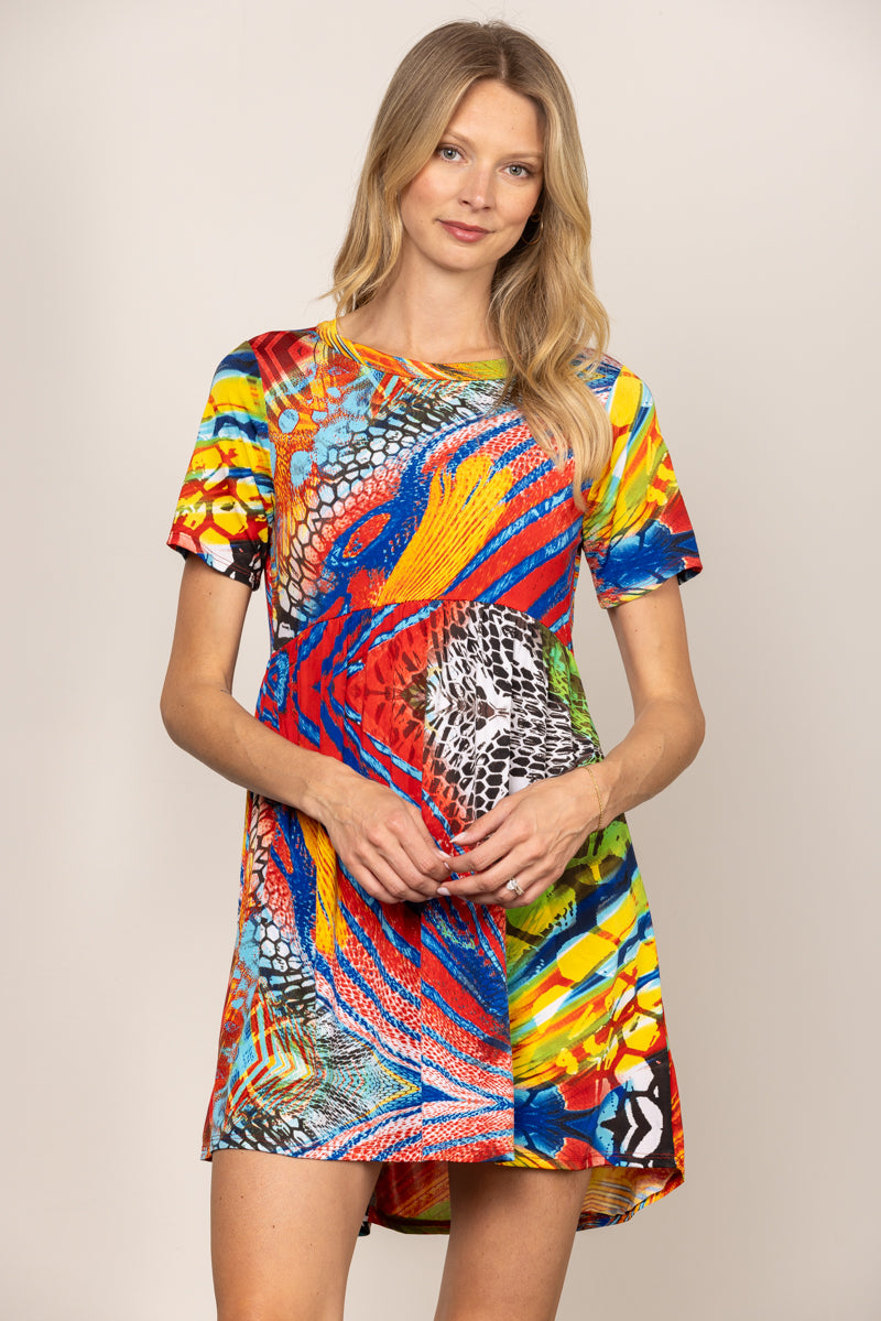Colorful Abstract Print Short Sleeve Dress｜Round Neck Loose Summer Dress｜Lightweight Artistic Casual Mini Dress