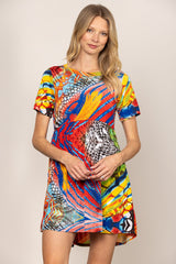 Colorful Abstract Print Short Sleeve Dress｜Round Neck Loose Summer Dress｜Lightweight Artistic Casual Mini Dress