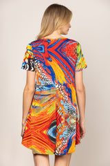 Colorful Abstract Print Short Sleeve Dress｜Round Neck Loose Summer Dress｜Lightweight Artistic Casual Mini Dress