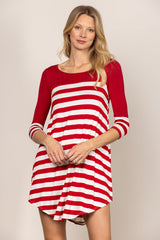 Red and White Striped Long Sleeve Dress｜Casual A-Line Mini Dress｜Round Neck Loose Fit Everyday Dress for Spring & Autumn