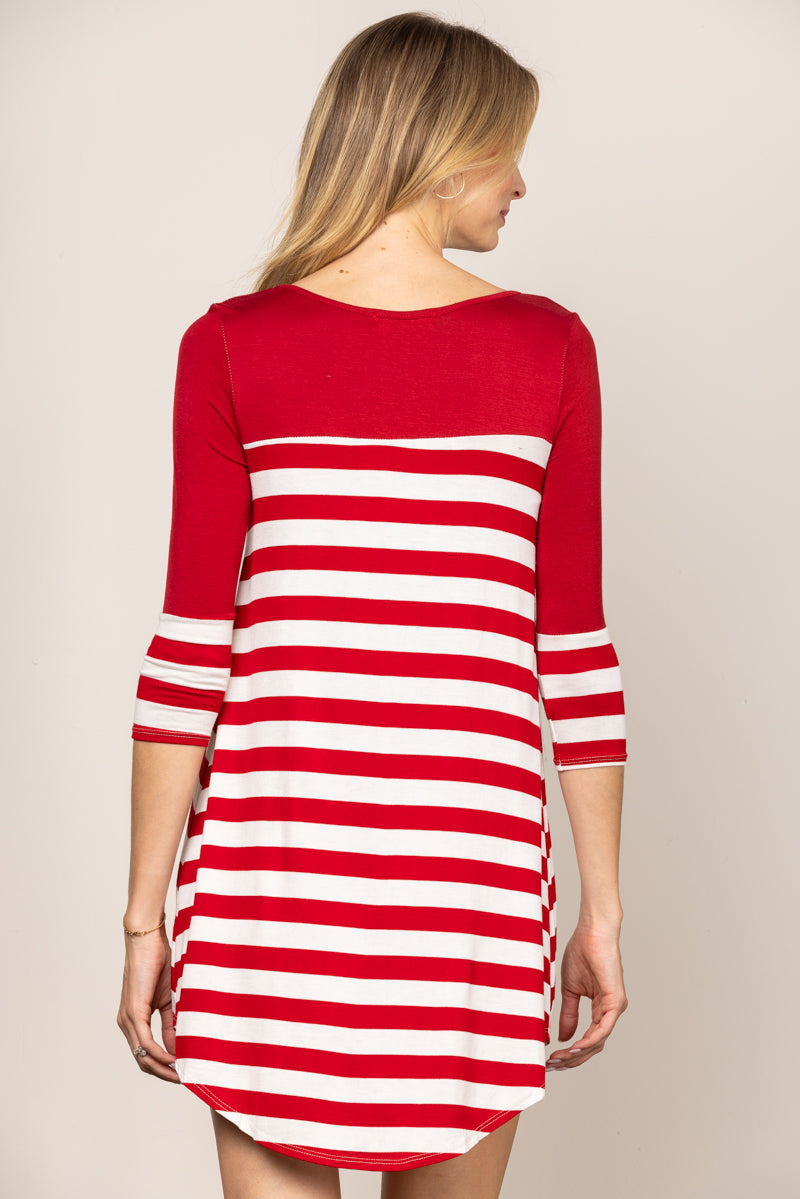 Red and White Striped Long Sleeve Dress｜Casual A-Line Mini Dress｜Round Neck Loose Fit Everyday Dress for Spring & Autumn