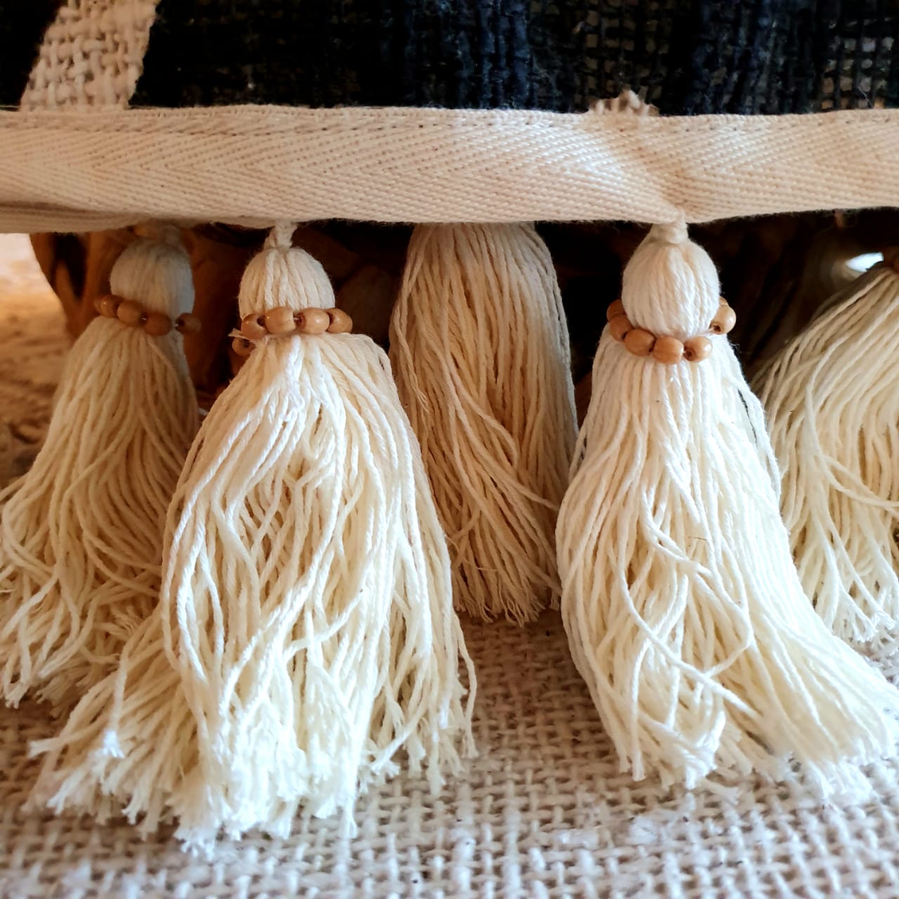 Black & Natural Abstract Pattern Cotton Throw with Tassels or Pompons | 125×195cm