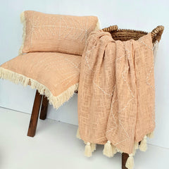 Peach Cotton Throw with Zigzag Stitch Design and Natural Tassels | 125×195cm