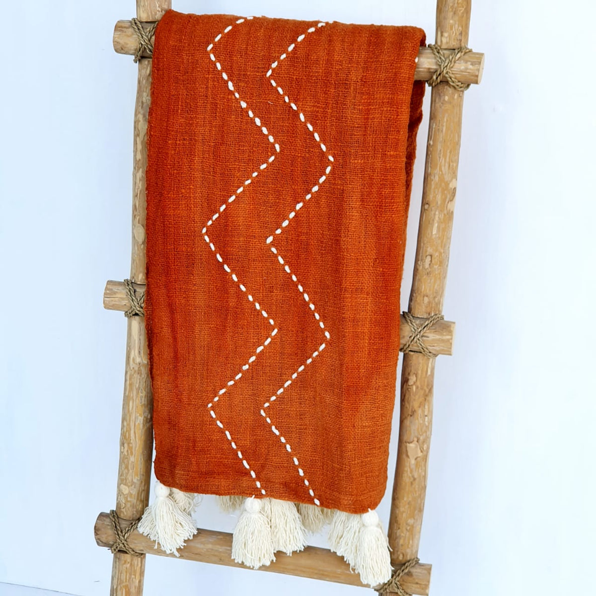 Orange and White Zigzag Pattern Woven Cotton Throw with Tassel Edge | 130×200cm