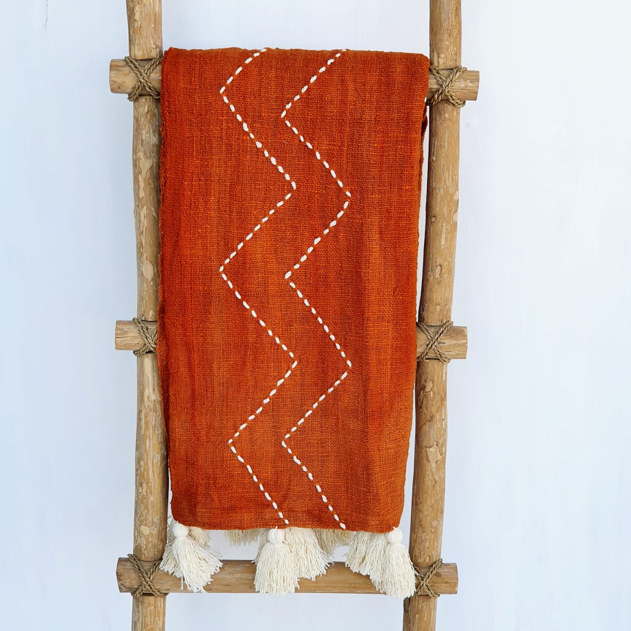 Orange and White Zigzag Pattern Woven Cotton Throw with Tassel Edge | 130×200cm