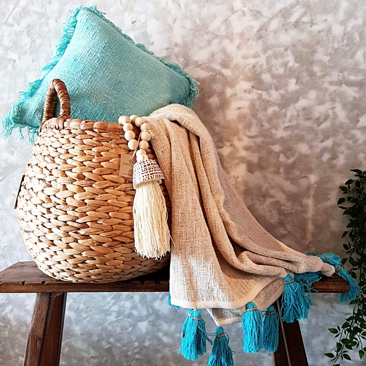 Natural Raw Cotton Throw with Light Blue Beaded Tassels | 125×195cm