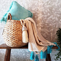 Natural Raw Cotton Throw with Light Blue Beaded Tassels | 125×195cm
