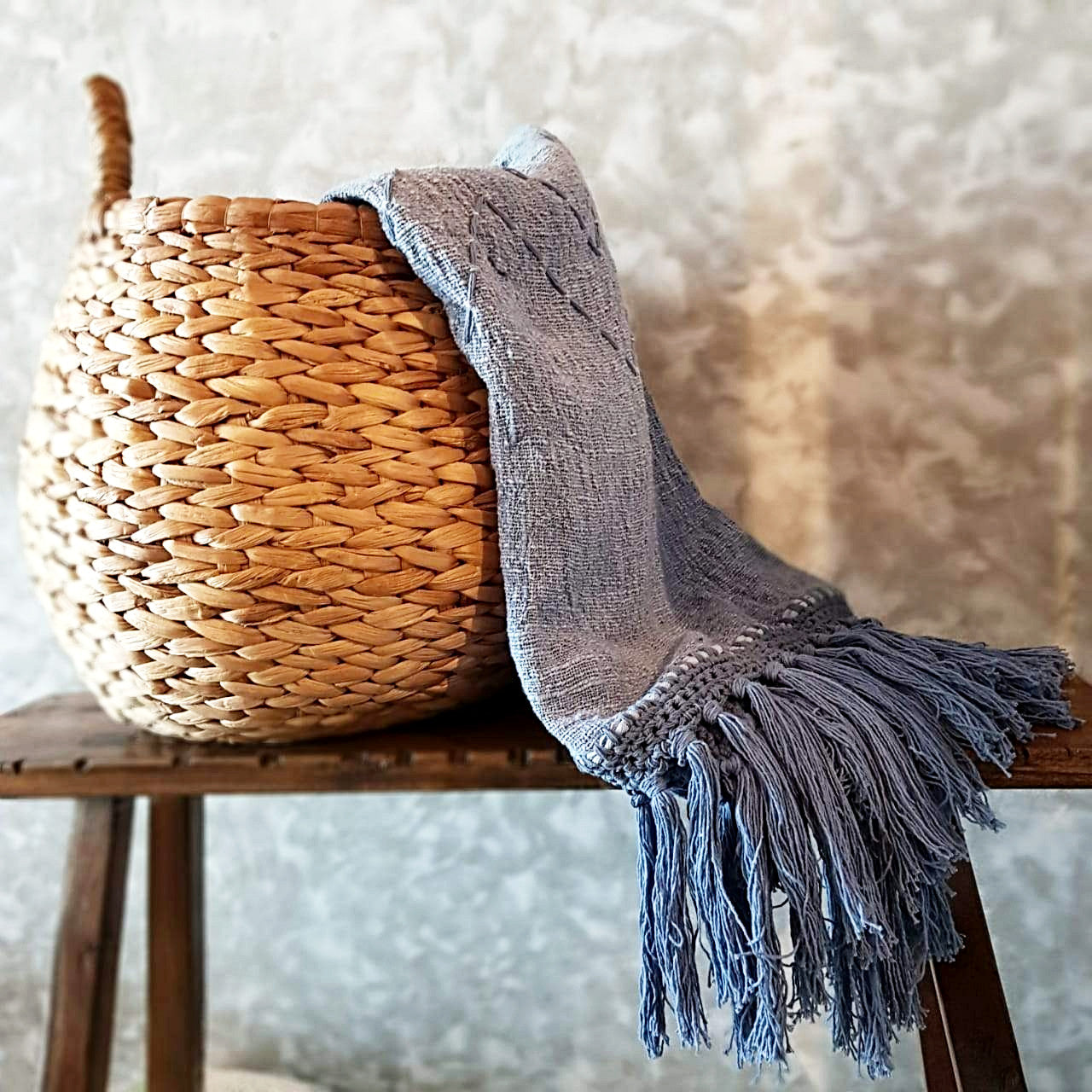 Grey Stitch Pattern Raw Cotton Throw with Grey Tassels | Soft & Breathable 145×200cm Cotton Blanket for Sofa and Bed