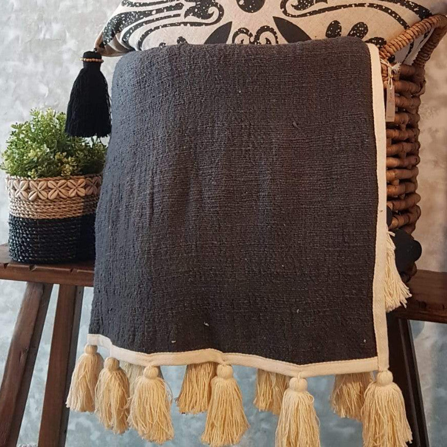 Grey Raw Cotton Throw with Natural Tassels | 140×200cm Minimalist Soft Blanket for Sofa & Bed
