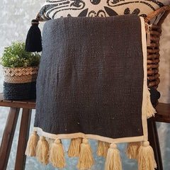 Grey Raw Cotton Throw with Natural Tassels | 140×200cm Minimalist Soft Blanket for Sofa & Bed