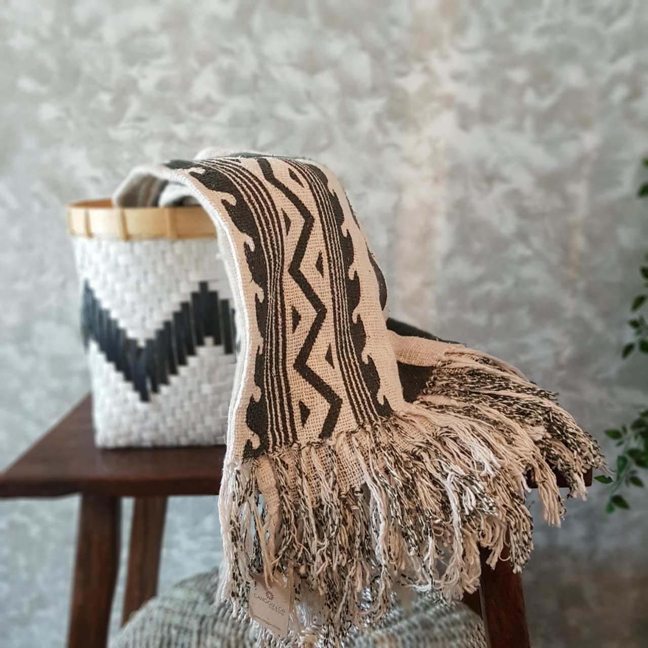 Green Pattern Raw Cotton Throw with Fringe | 125×195cm