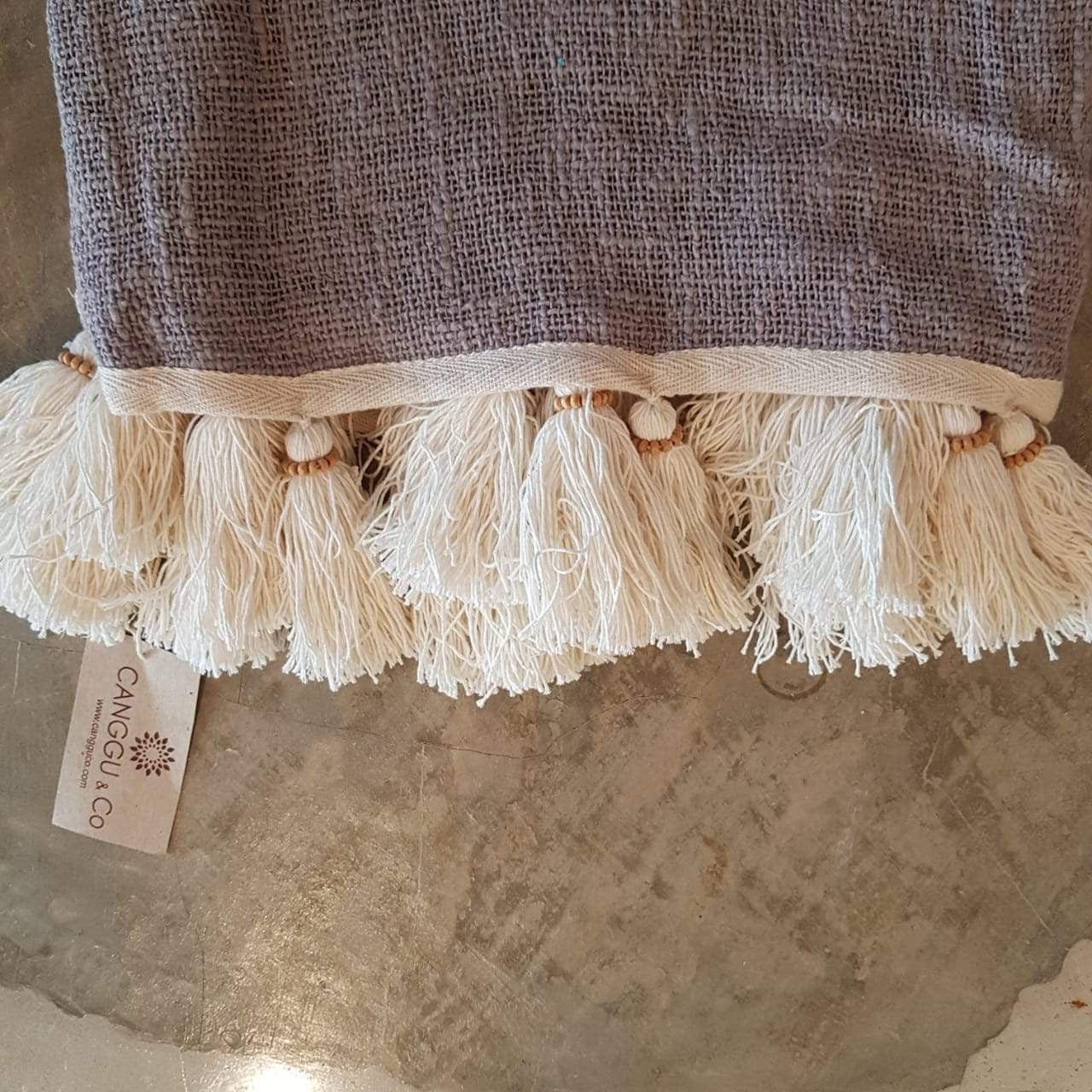 Grey Raw Cotton Throw with Natural Beaded Tassels | 125×195cm