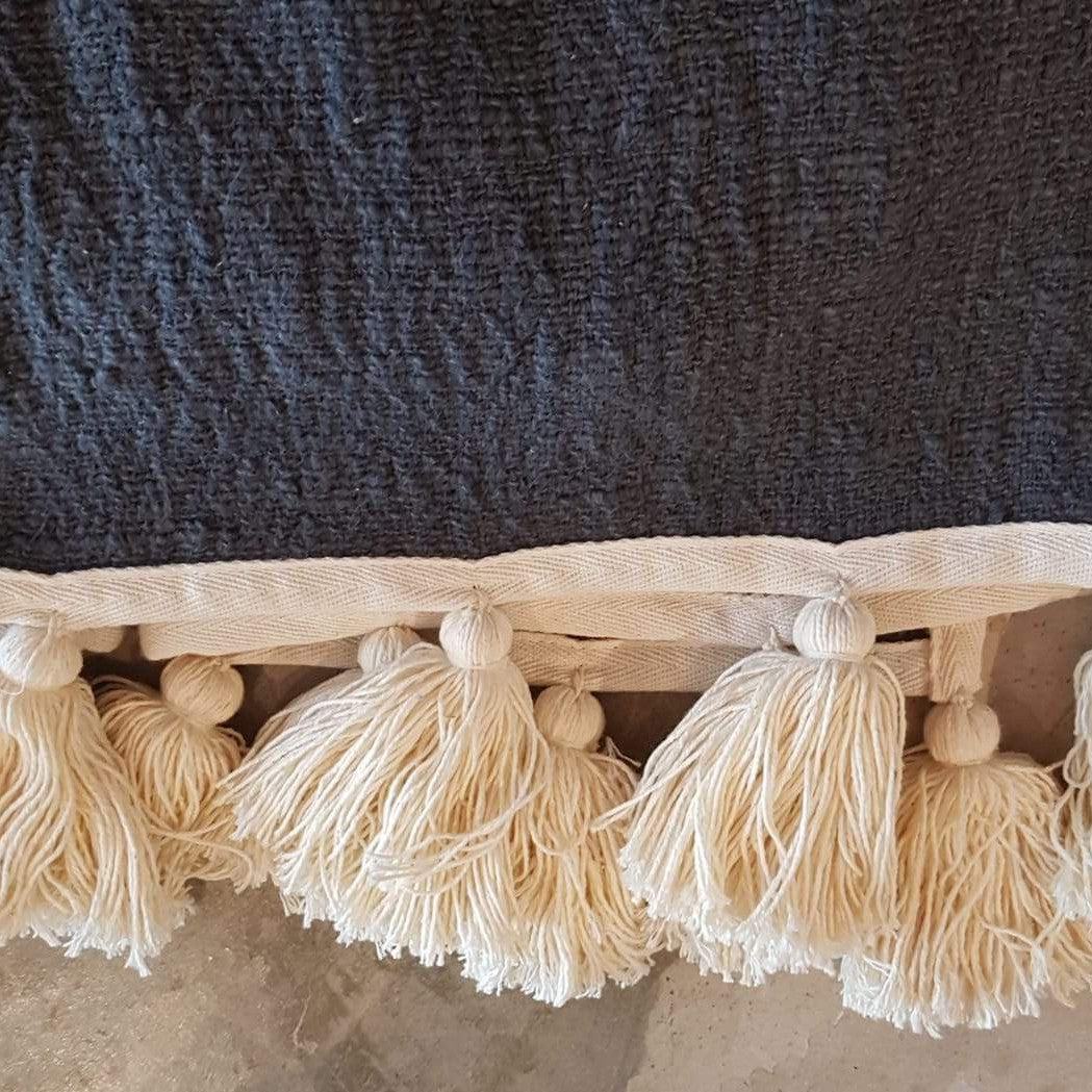 Grey Raw Cotton Throw with Natural Tassels | 140×200cm Minimalist Soft Blanket for Sofa & Bed
