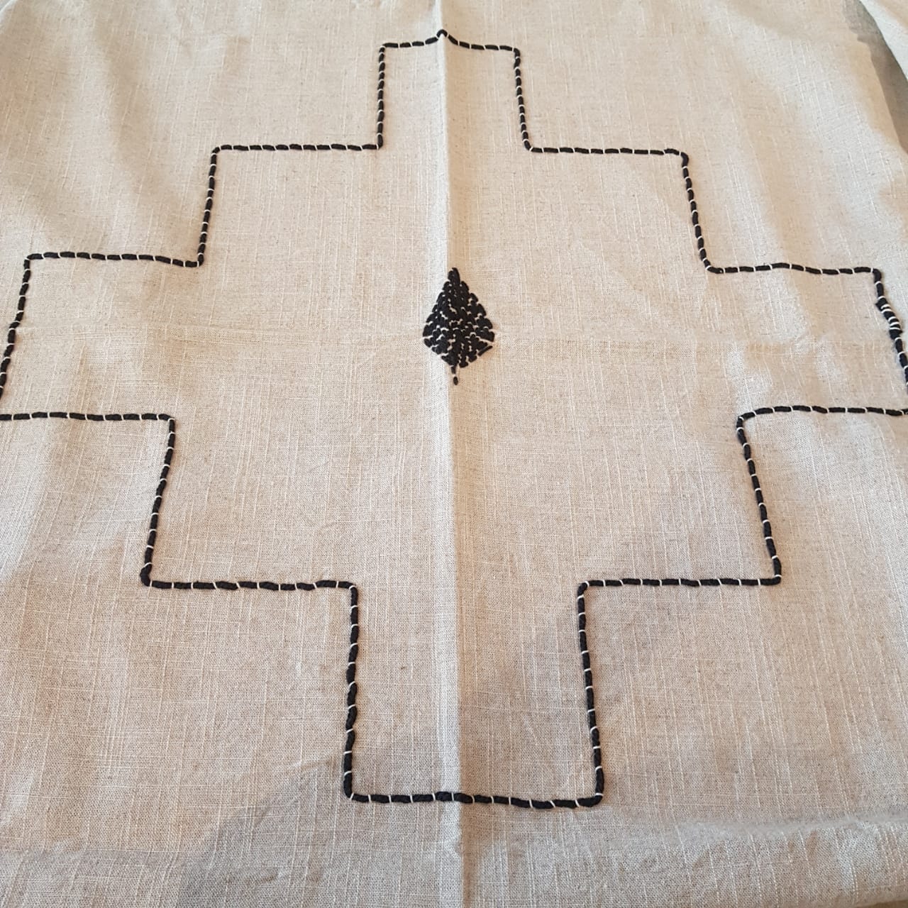 Natural Linen Throw with Black Stitching and Fringe | 145×220cm