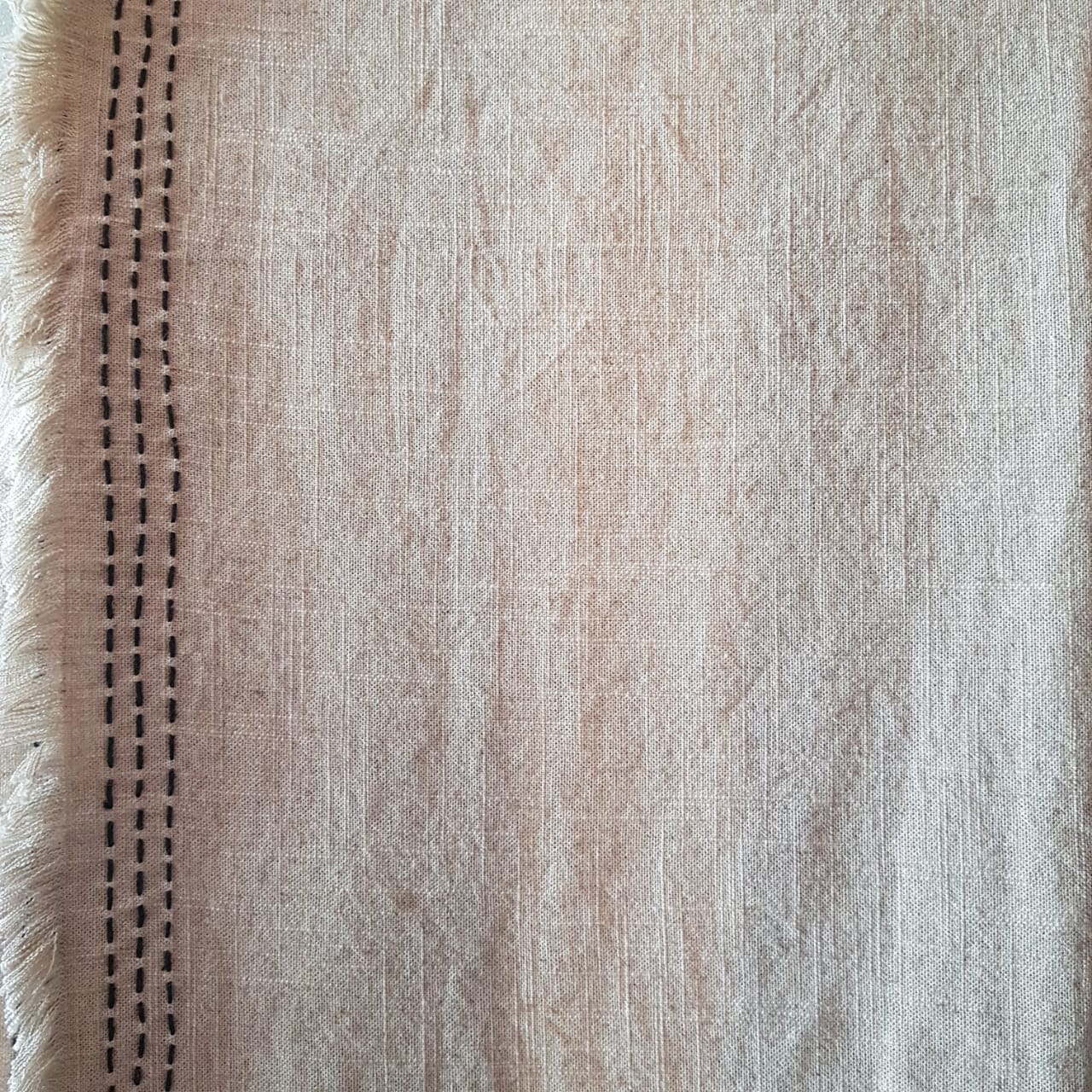 Natural Linen Throw with Black Stitching and Fringe | 145×220cm