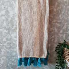 Natural Raw Cotton Throw with Light Blue Beaded Tassels | 125×195cm