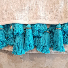 Natural Raw Cotton Throw with Light Blue Beaded Tassels | 125×195cm