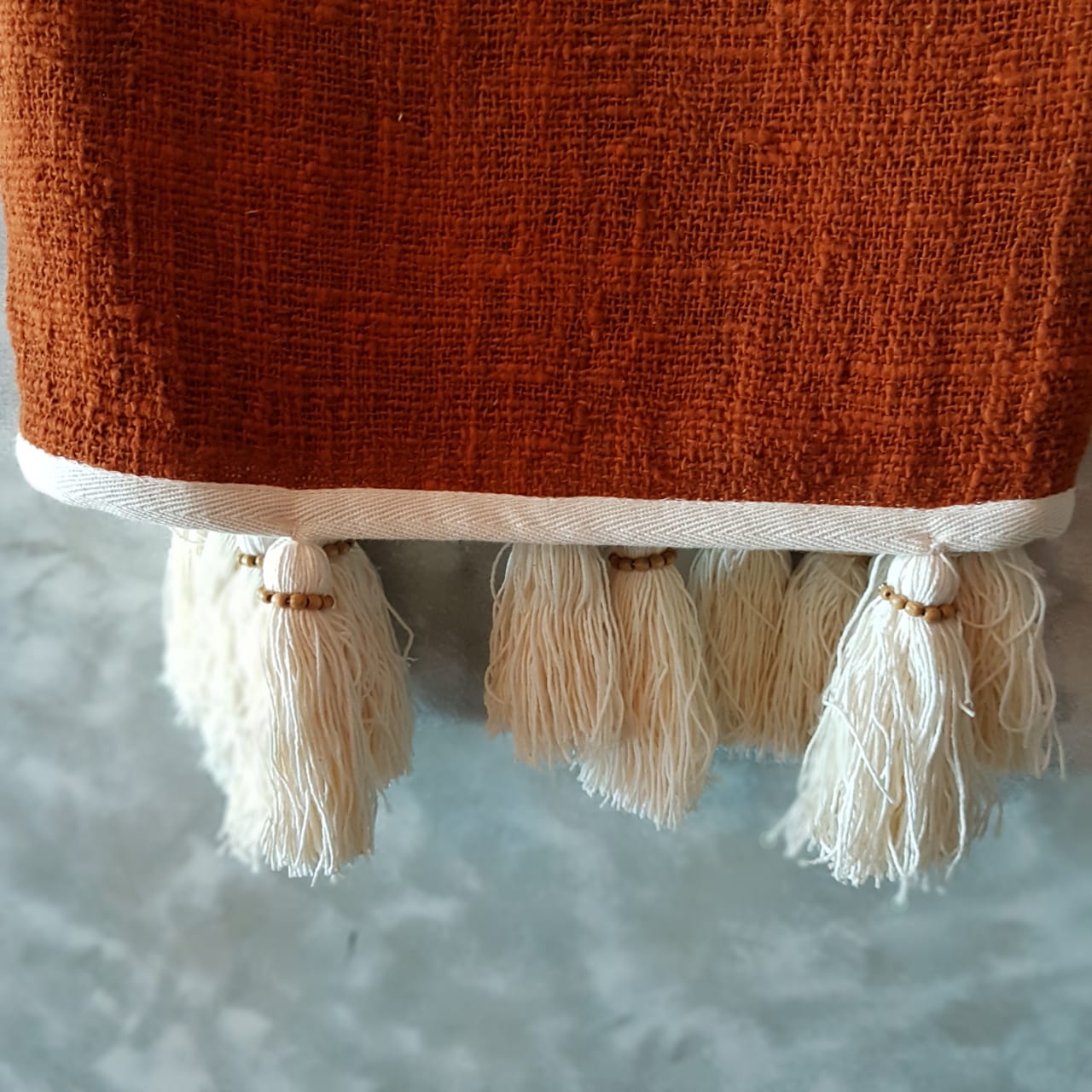 Brick Red Raw Cotton Throw with Natural Beaded Tassels | 127×210cm Soft & Cozy Cotton Blanket for Sofa & Bed