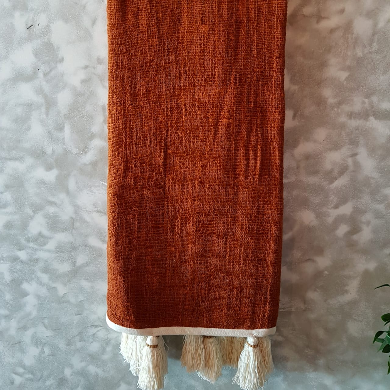 Brick Red Raw Cotton Throw with Natural Beaded Tassels | 127×210cm Soft & Cozy Cotton Blanket for Sofa & Bed