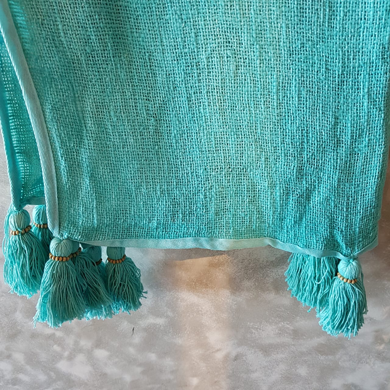 Baby Blue Raw Cotton Throw with Blue Beaded Tassels | 140×200cm Soft Lightweight Blanket