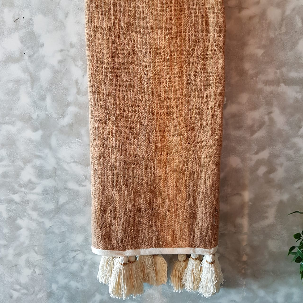 Light Brown Raw Cotton Throw with Natural Beaded Tassels | 140×200cm Soft & Cozy Blanket for Sofa & Bed