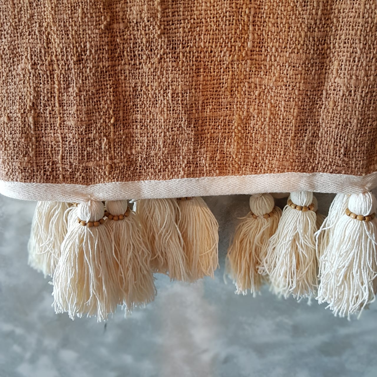 Light Brown Raw Cotton Throw with Natural Beaded Tassels | 140×200cm Soft & Cozy Blanket for Sofa & Bed