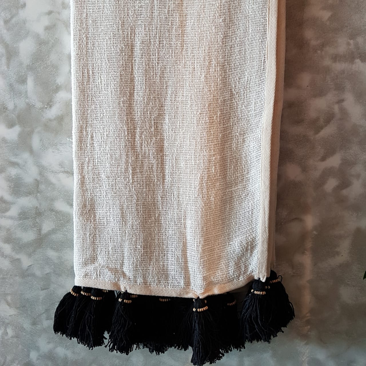White Woven Cotton Throw with Black Tassels and Wooden Beads | 130×200cm
