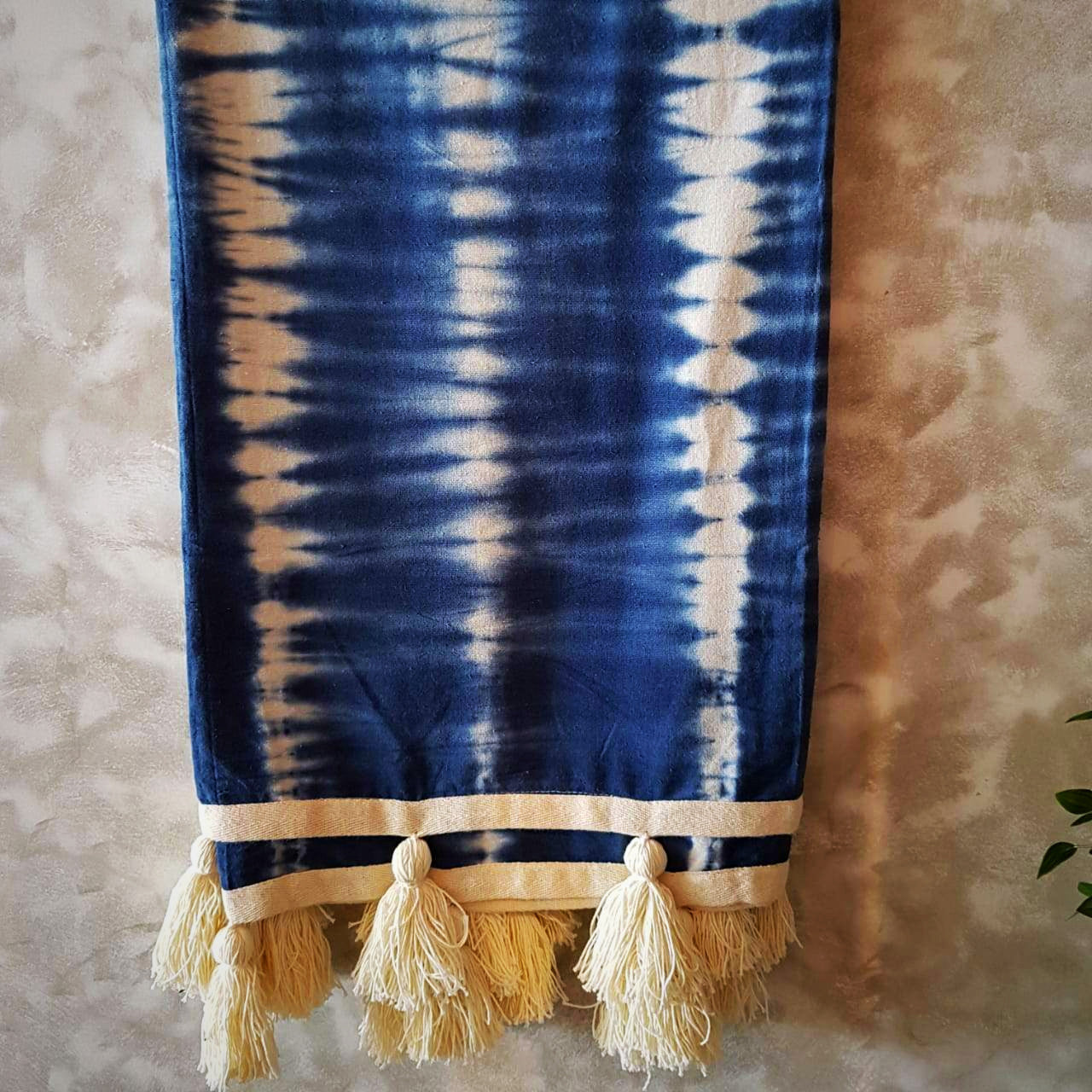 Navy & White Canvas Tie-Dye Throw with White Tassels | 138×215cm Handcrafted Cotton Canvas Blanket for Sofa & Bed